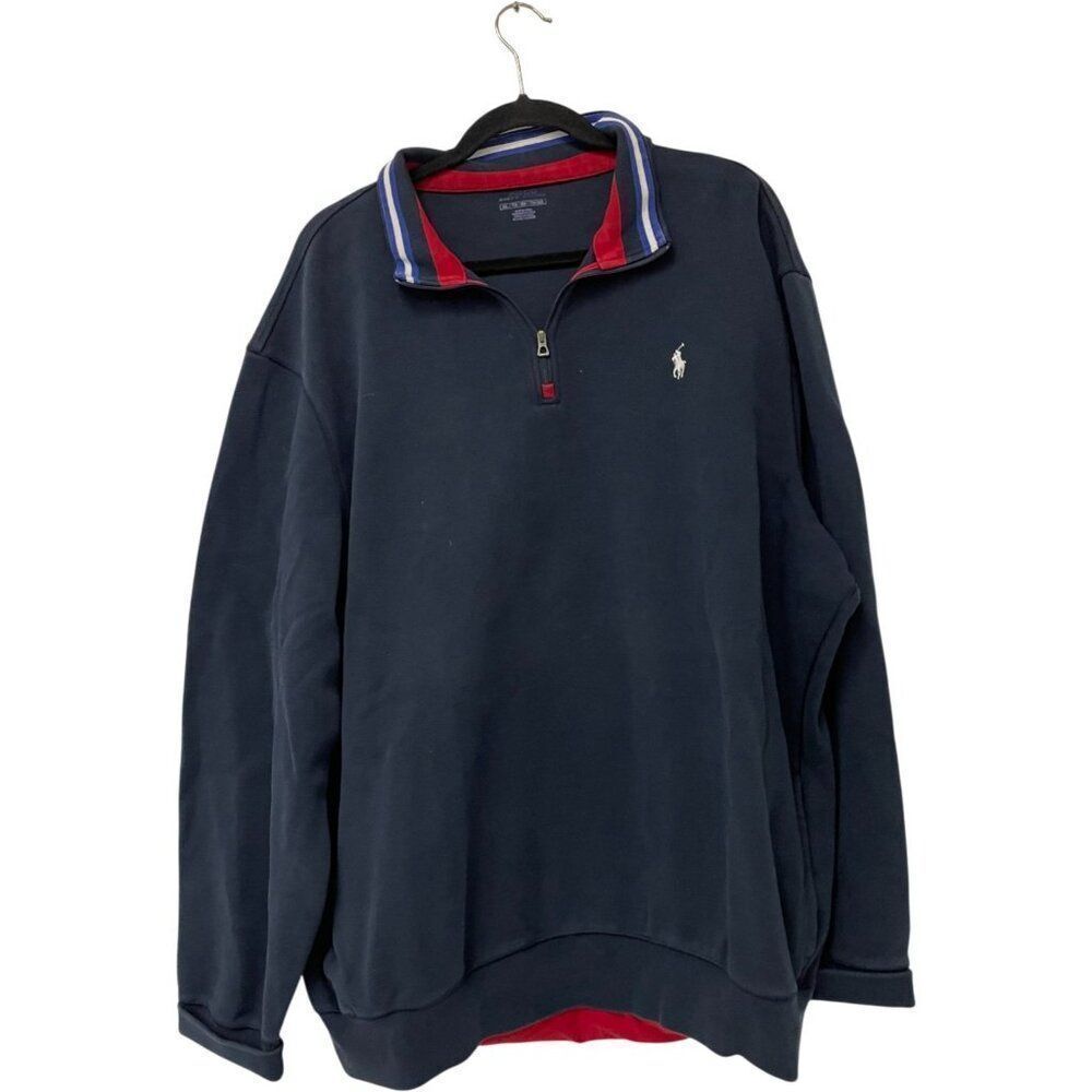 Polo Ralph Lauren Mens Polo Sweatshirt 2XL Navy Blue 1/4 Zip Cotton Pullover